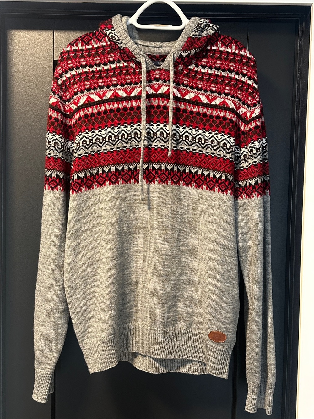 Buffalo Grey Hoodie Sweater with Red Fair Isle Yoke
